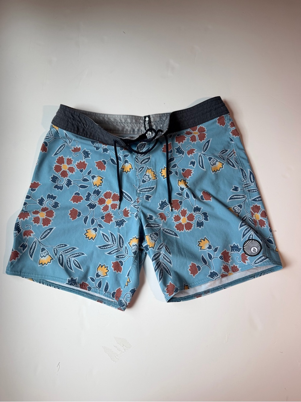 Volcom Light Blue Floral Board Shorts with Black Waistband